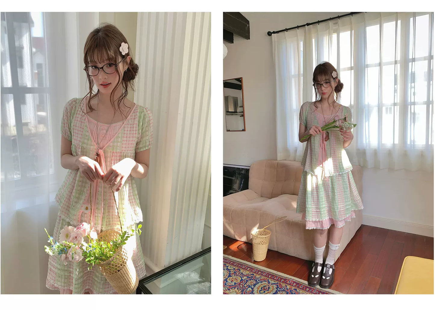 [RF] “Green Grape Picnic” Pastel Plaid Two-Piece Skirt Set