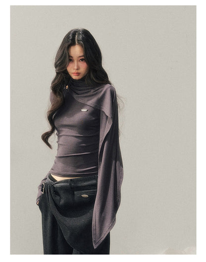 少也眼 "Essential Muse" Deep Slate Gray Cropped Long-Sleeve Knit Top