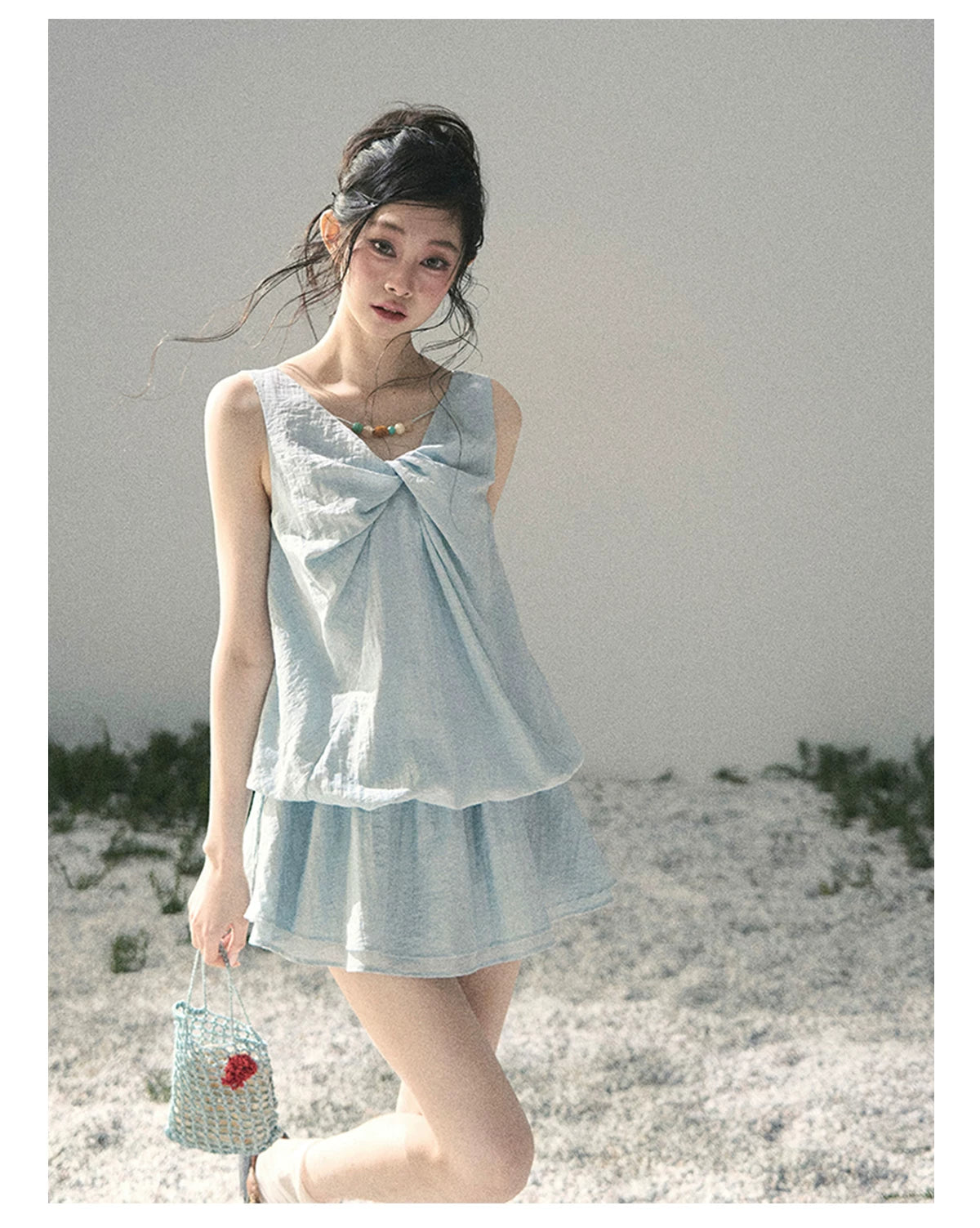“Whispering Grass” Moonlight Blue Twist Mini Dress