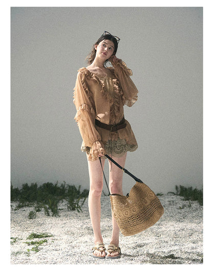 “Whispers of the Wind” Ash Caramel Lace Chiffon Blouse (With Belt)