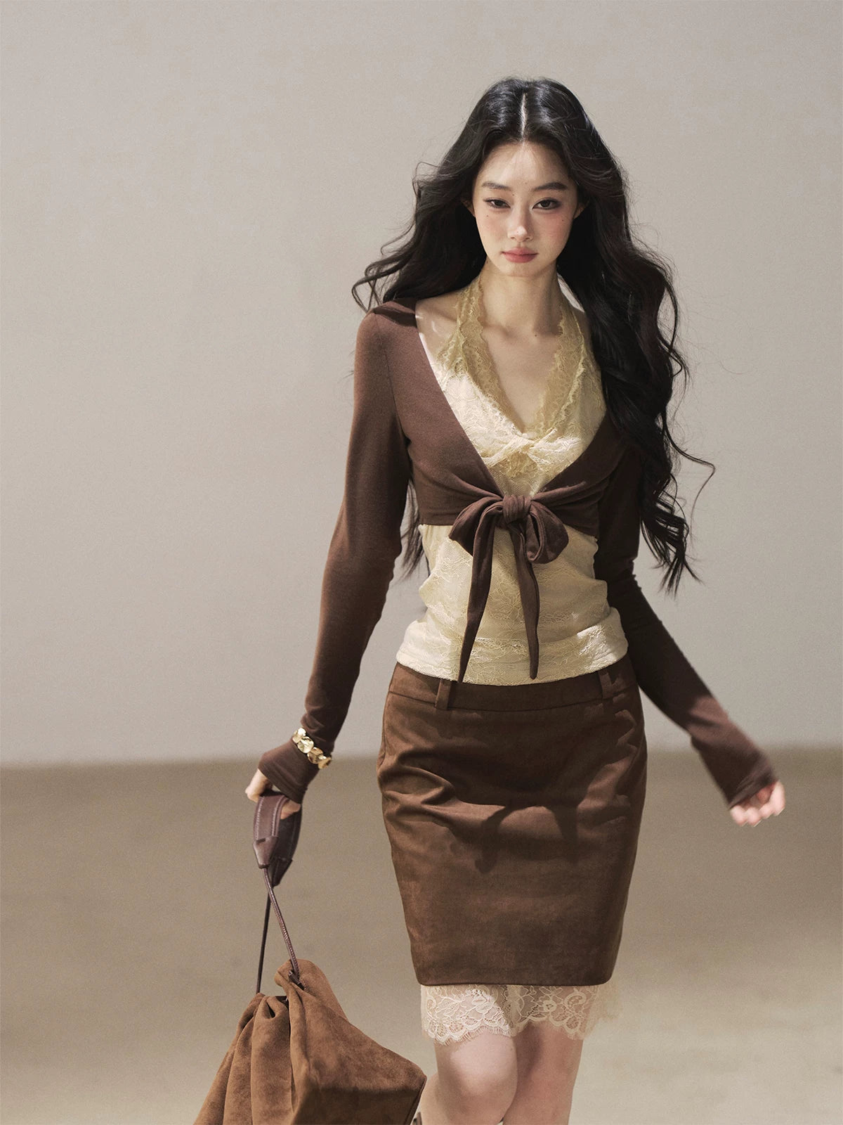 AOMALM - "Tender in This Moment" Rich Cocoa Faux Two-Piece Lace Top