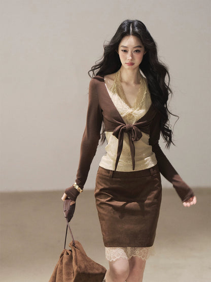 AOMALM - "Tender in This Moment" Rich Cocoa Faux Two-Piece Lace Top
