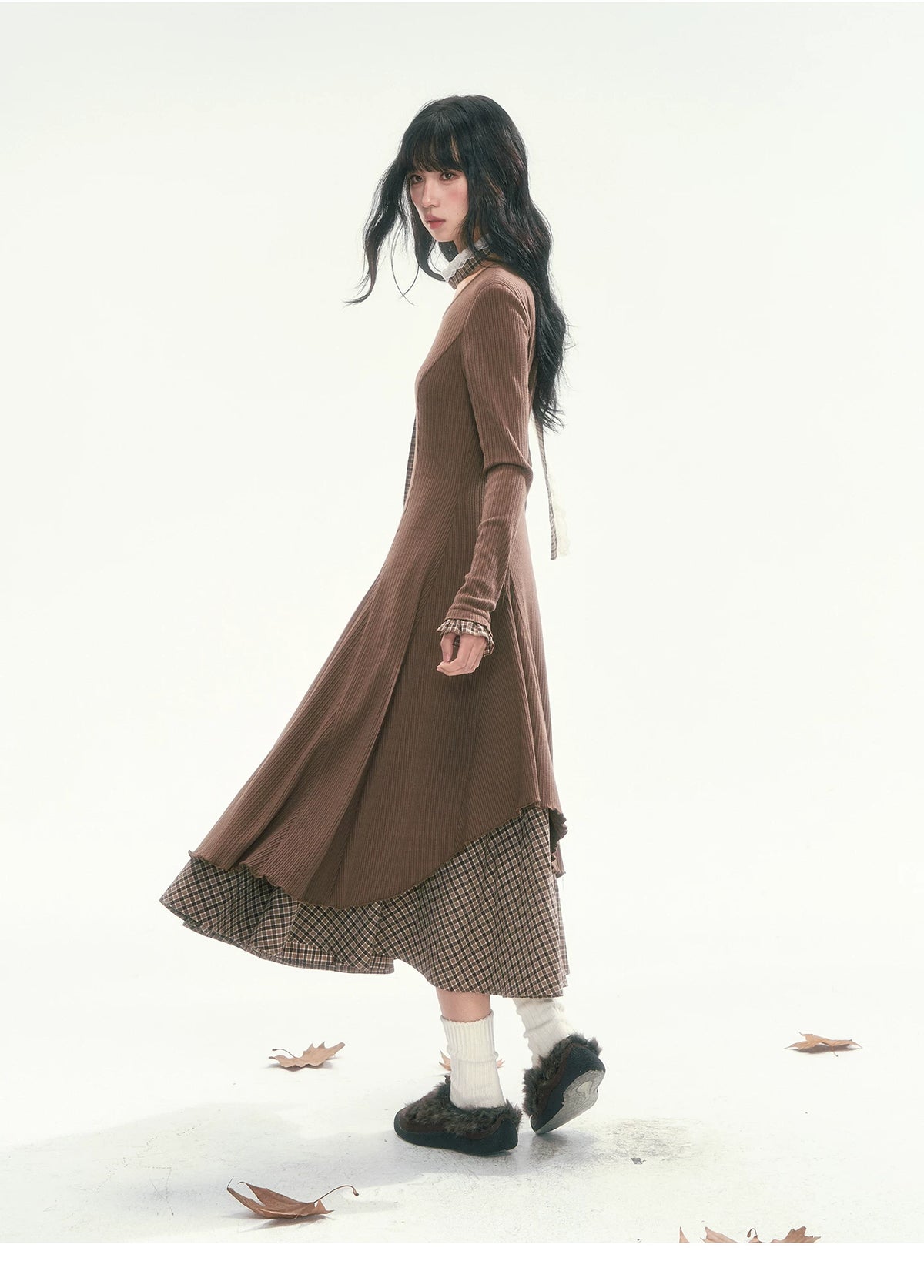 CAN - "Brownie Winterfield" Brown Plaid-Trim Ruched Knit Midi Dress