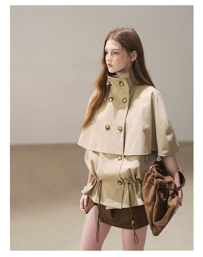 AOMALM - "Through the Oak Grove" Almond Taupe Cape Coat with Drawstring
