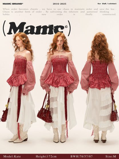 Off-Shoulder Peplum Top WE726 (Red Gingham)