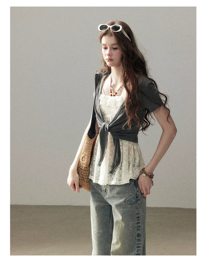 "Beyond the Morning Mist" Dutch Cream Lace Cami & Silver Mouse Gray Sheer Cardigan Set