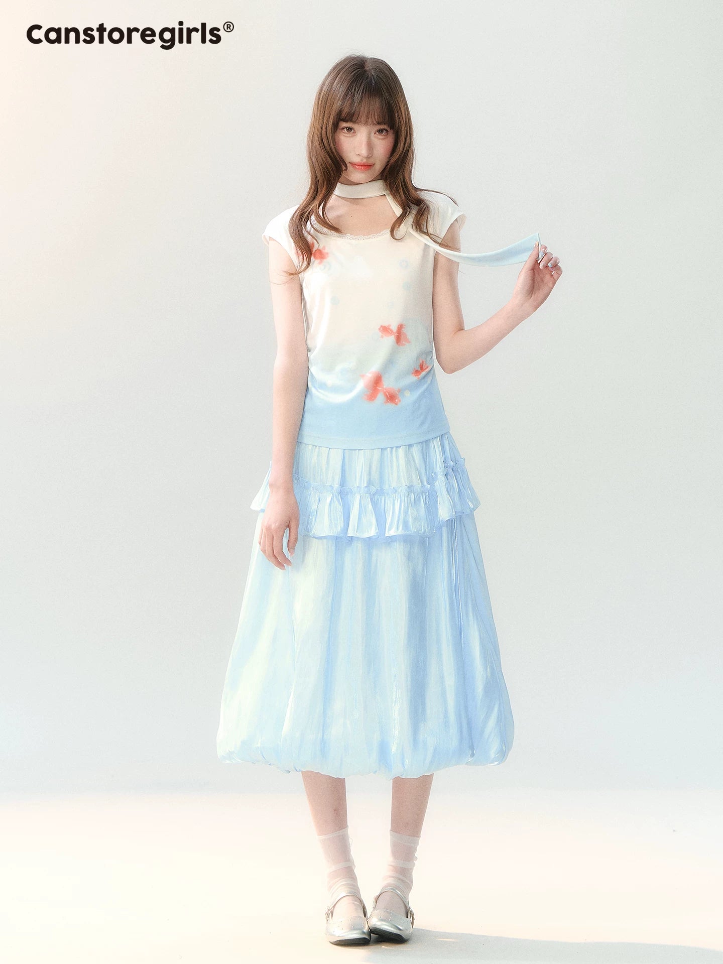 "Koi Garden Letter" White & Blue Goldfish Print Two-Piece Skirt Set LL2026220