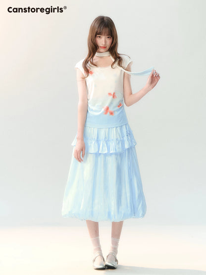 "Koi Garden Letter" White & Blue Goldfish Print Two-Piece Skirt Set LL2026220