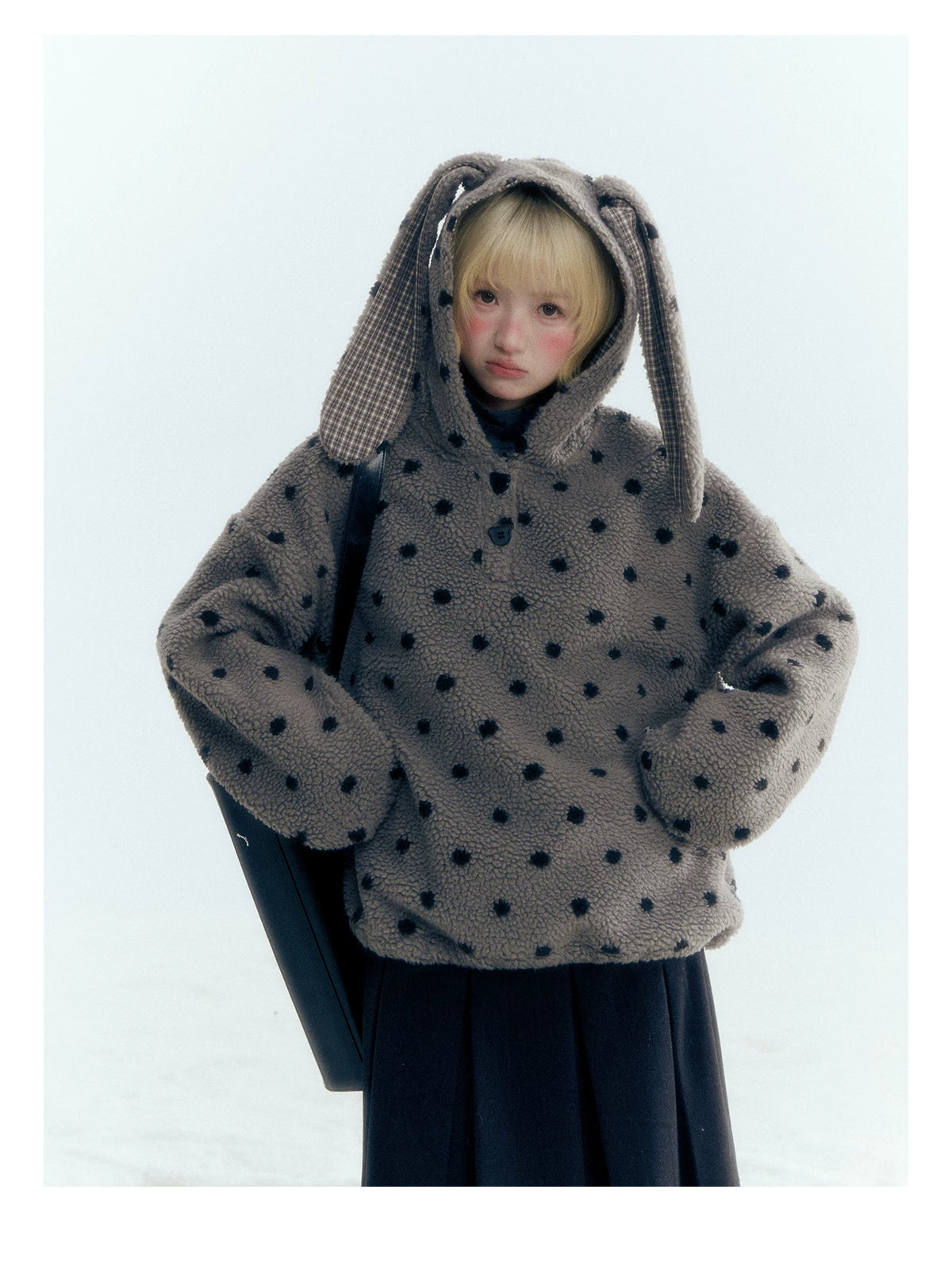 Horridale - Pink Black Polka Dot Sherpa Fleece Hoodie with Bunny Ears
