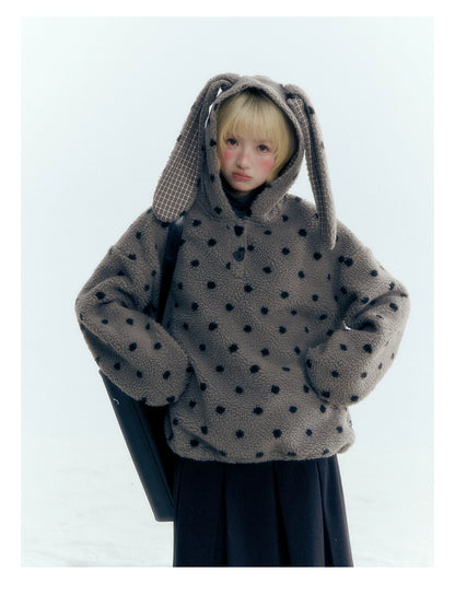 Horridale - Pink Black Polka Dot Sherpa Fleece Hoodie with Bunny Ears