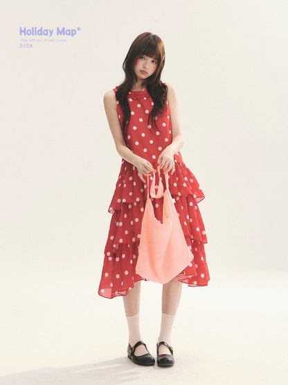 "Polka Dot Layers" Red Polka Dot Tiered A-Line Maxi Cami Dress
