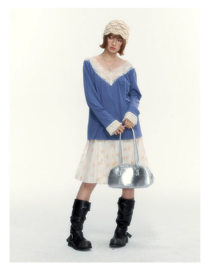 Classic Blue Lace V-Neck Long-Sleeve Top