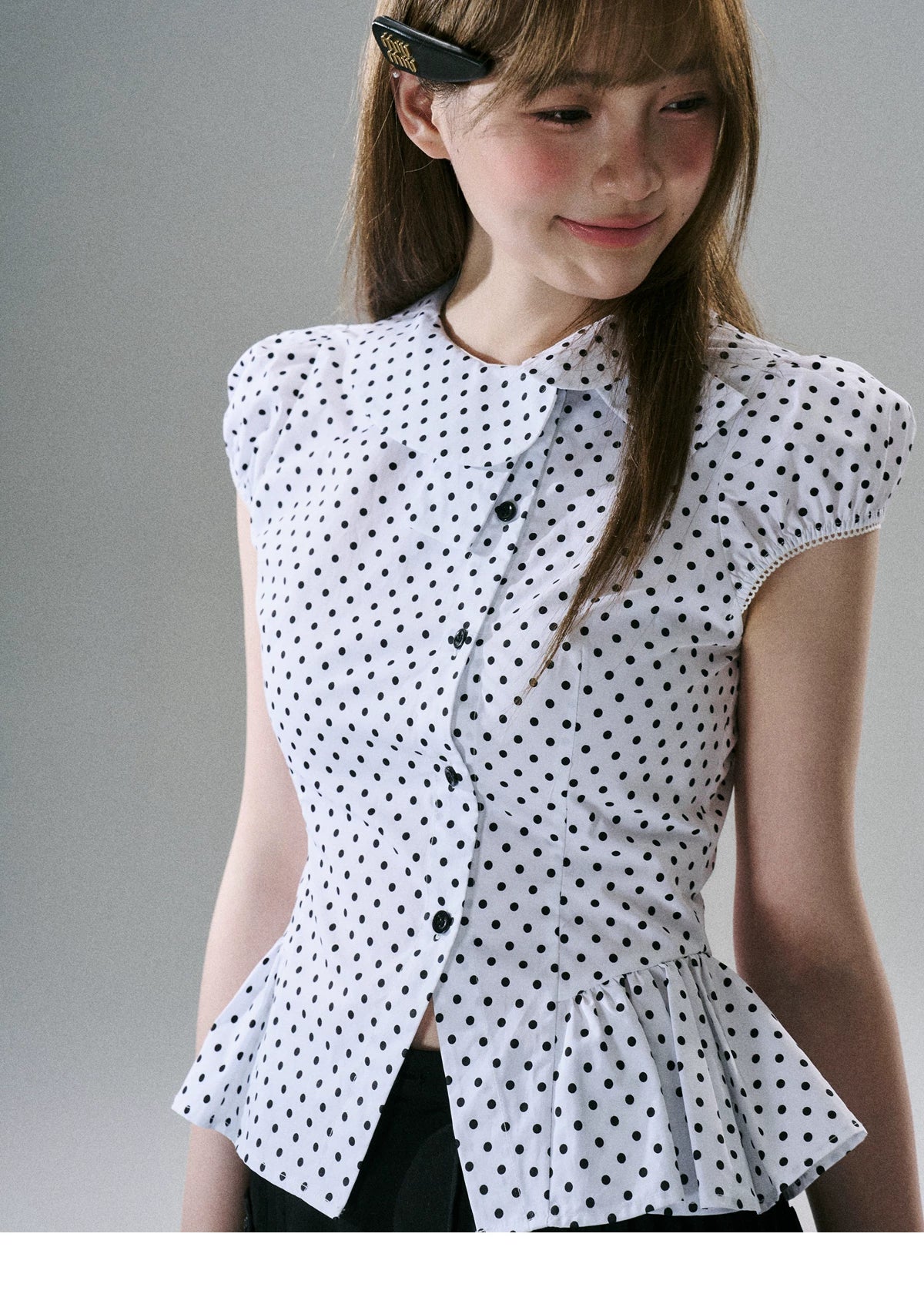 LOST FOREST - White & Black Polka Dot Asymmetrical Cotton Blouse