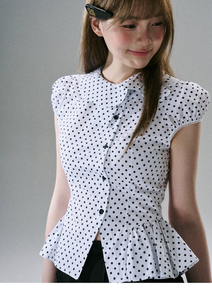 LOST FOREST - White & Black Polka Dot Asymmetrical Cotton Blouse