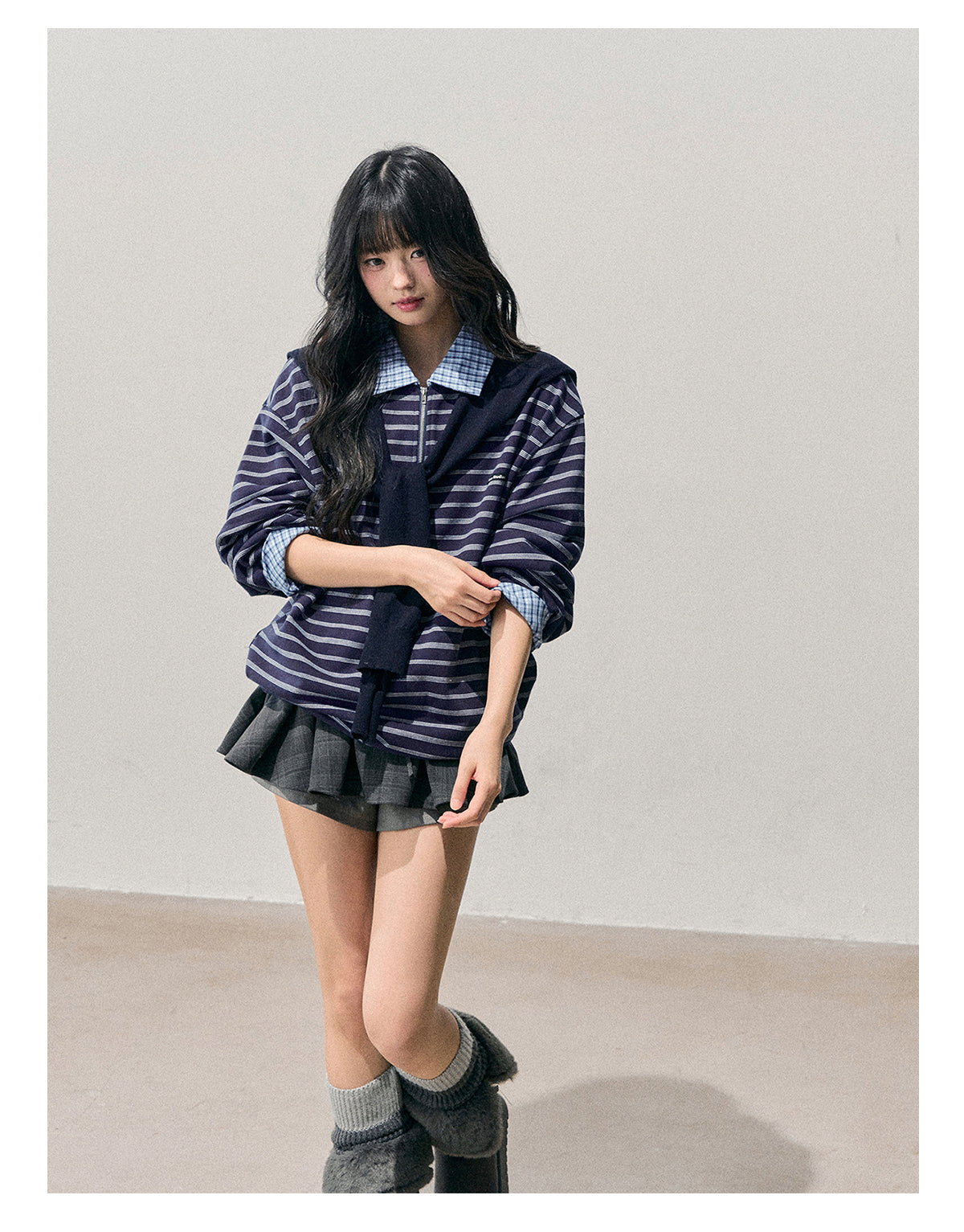 少也眼 “She Fades into Blue” Faux-Layered American Stripe Polo Top 54542