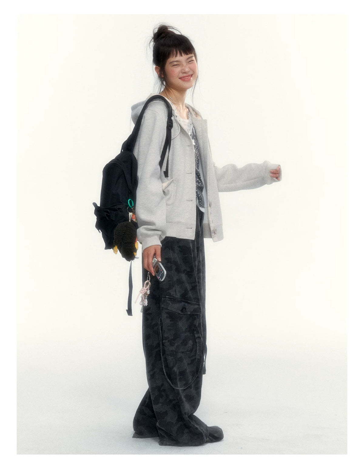 “Blooming Reverie” Light Heather Gray Floral Hooded Cardigan Sweatshirt