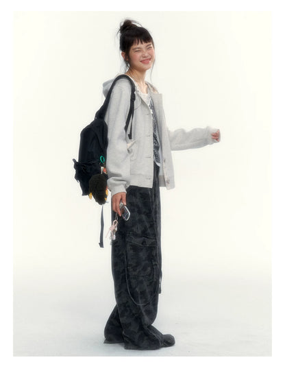 “Blooming Reverie” Light Heather Gray Floral Hooded Cardigan Sweatshirt