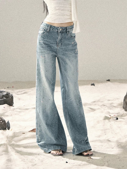 "Starlit River Shimmer" Distant Sky Blue Rhinestone Wide-Leg Jeans 65633