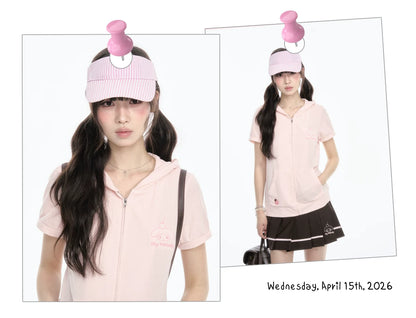 "Strawberry Daydream" Pink Hooded Zip-Up & Brown Skirt Set