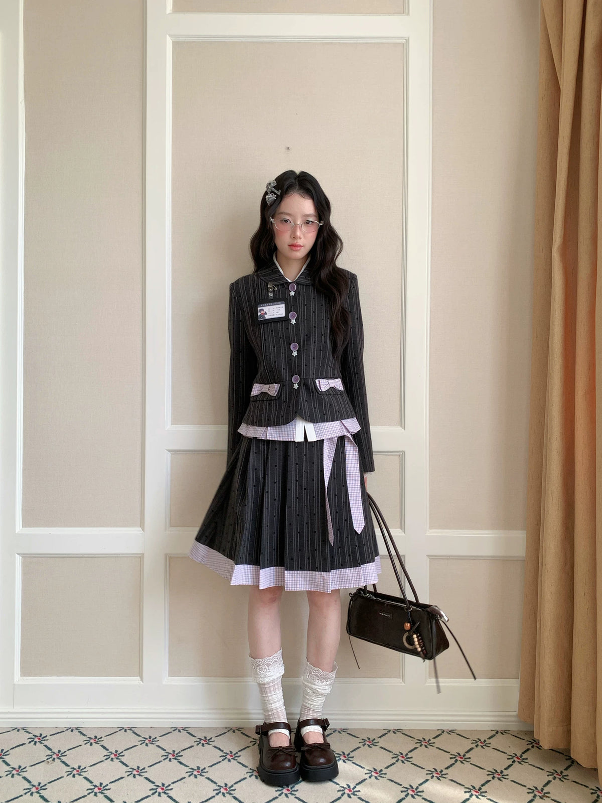[[RF] “Ink Plaid Prelude” Gray-Purple Plaid Striped Pleated Skirt Two-Piece Set