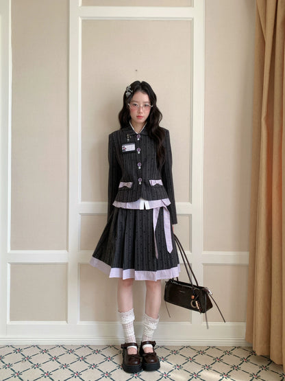 [[RF] “Ink Plaid Prelude” Gray-Purple Plaid Striped Pleated Skirt Two-Piece Set