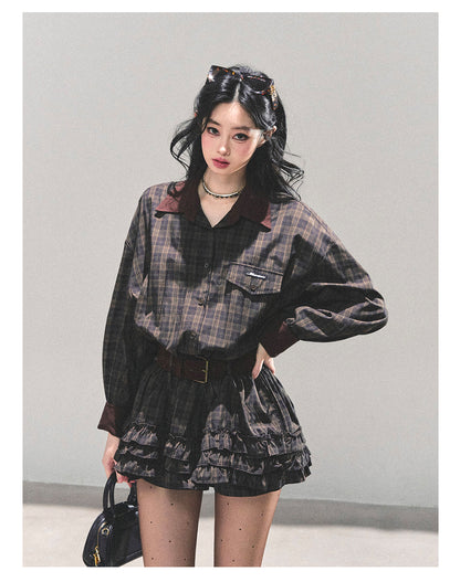 少也眼 “Trajectory of the Sunset” Plaid Polo Shirt Dress with Belt – Mocha Brown 7687648