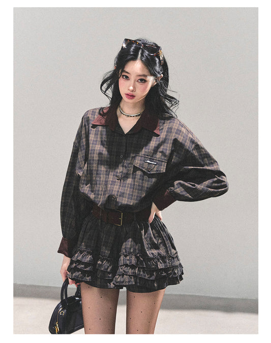 少也眼 “Trajectory of the Sunset” Plaid Polo Shirt Dress with Belt – Mocha Brown 7687648