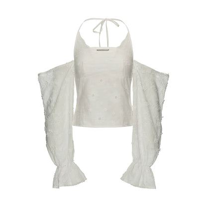 White Off-Shoulder Embroidered Halter Blouse WE994