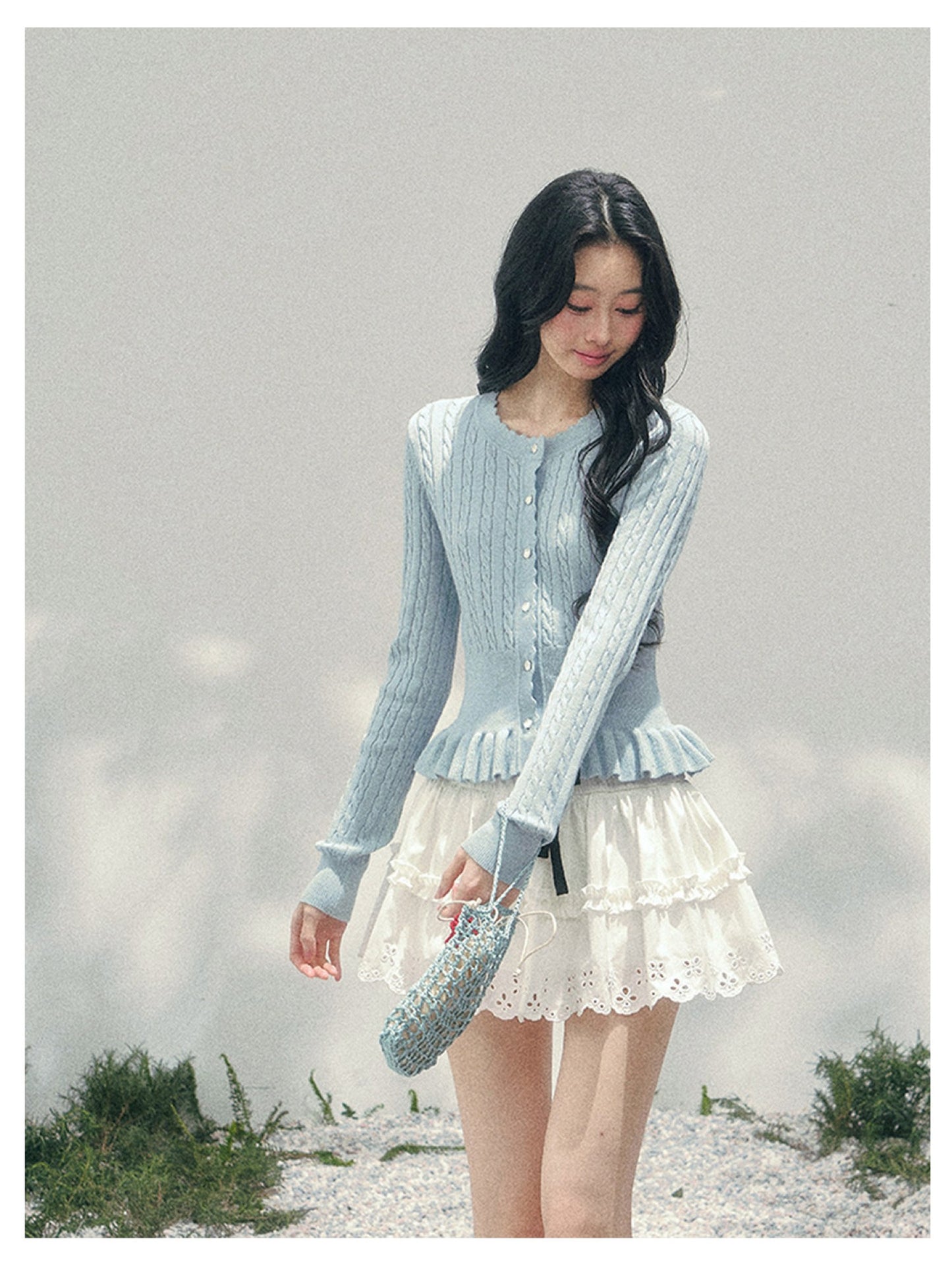 少也眼 “Pearl Whisper” Moonlight Blue Cable-Knit Ruffle-Hem Cropped Cardigan 626586578