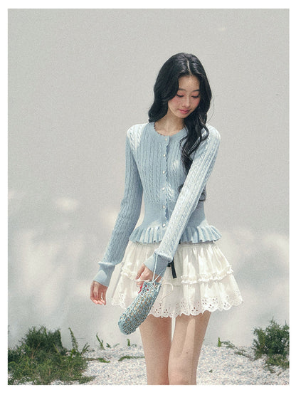 少也眼 “Pearl Whisper” Moonlight Blue Cable-Knit Ruffle-Hem Cropped Cardigan 626586578