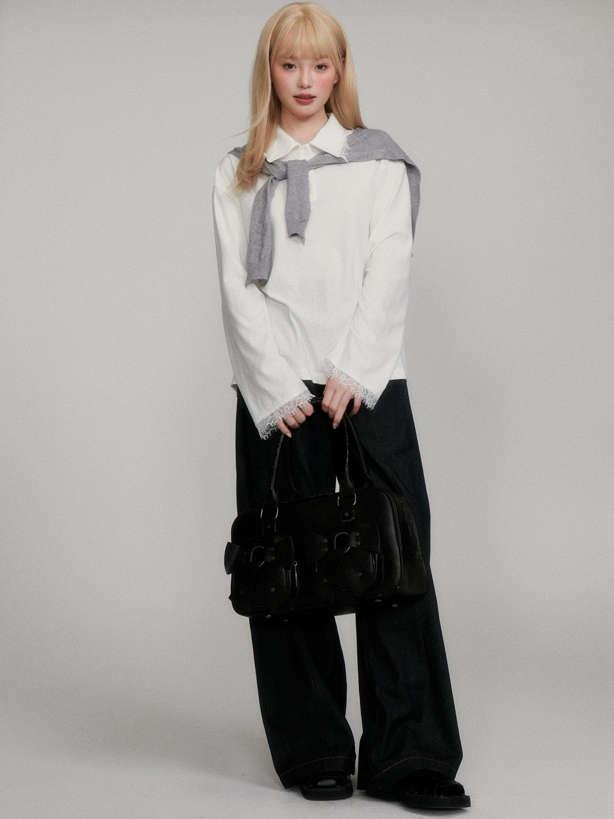 “Lash-Lace Soft Drape” White Polo Long-Sleeve Base Top M6678
