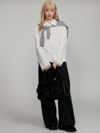 “Lash-Lace Soft Drape” White Polo Long-Sleeve Base Top M6678