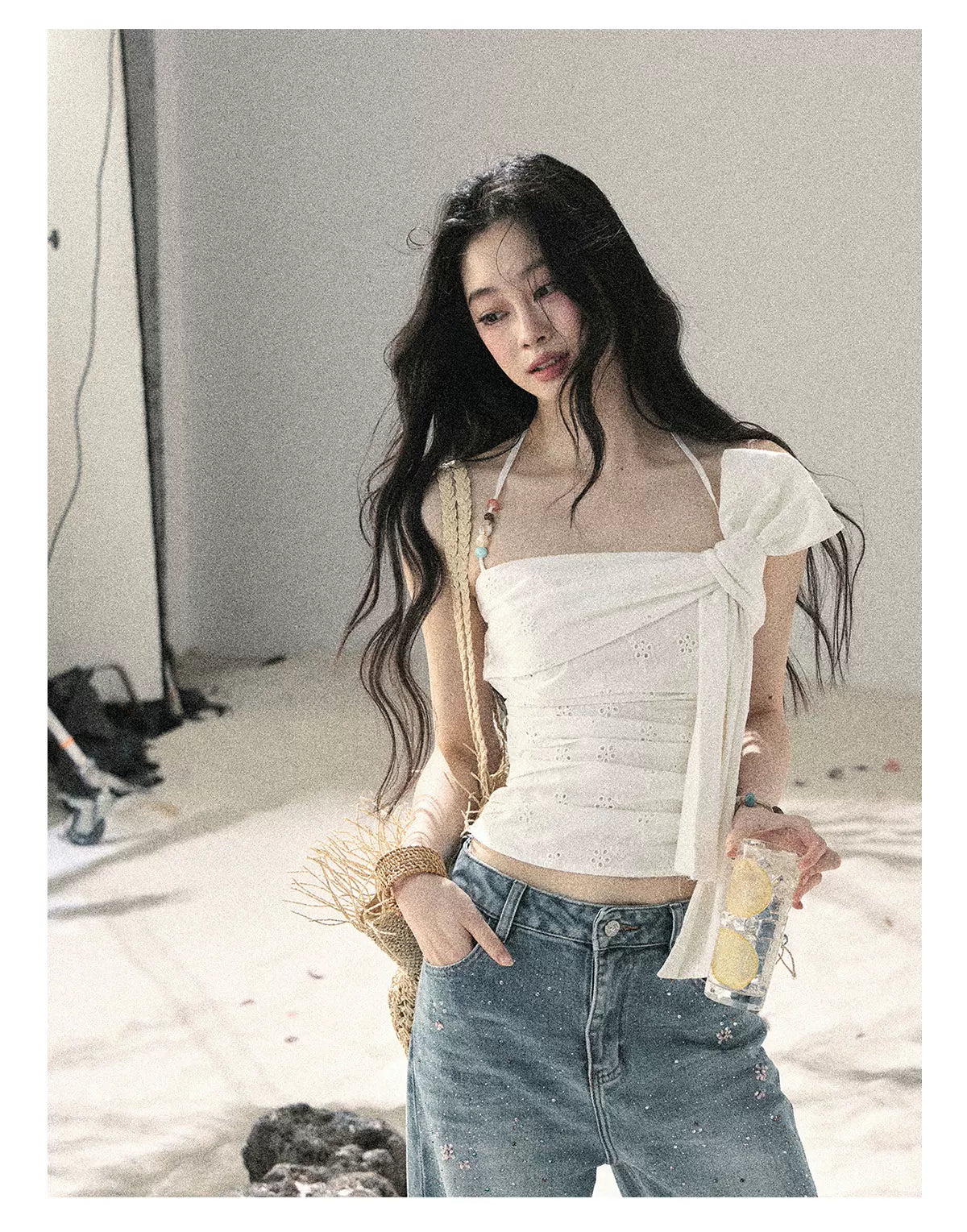 "Fragments of Tenderness" Frost White Halter Twist Crop Top