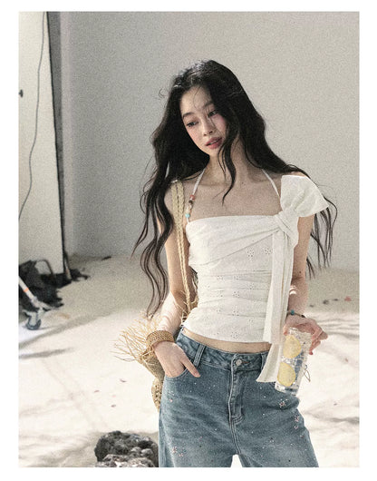 "Fragments of Tenderness" Frost White Halter Twist Crop Top