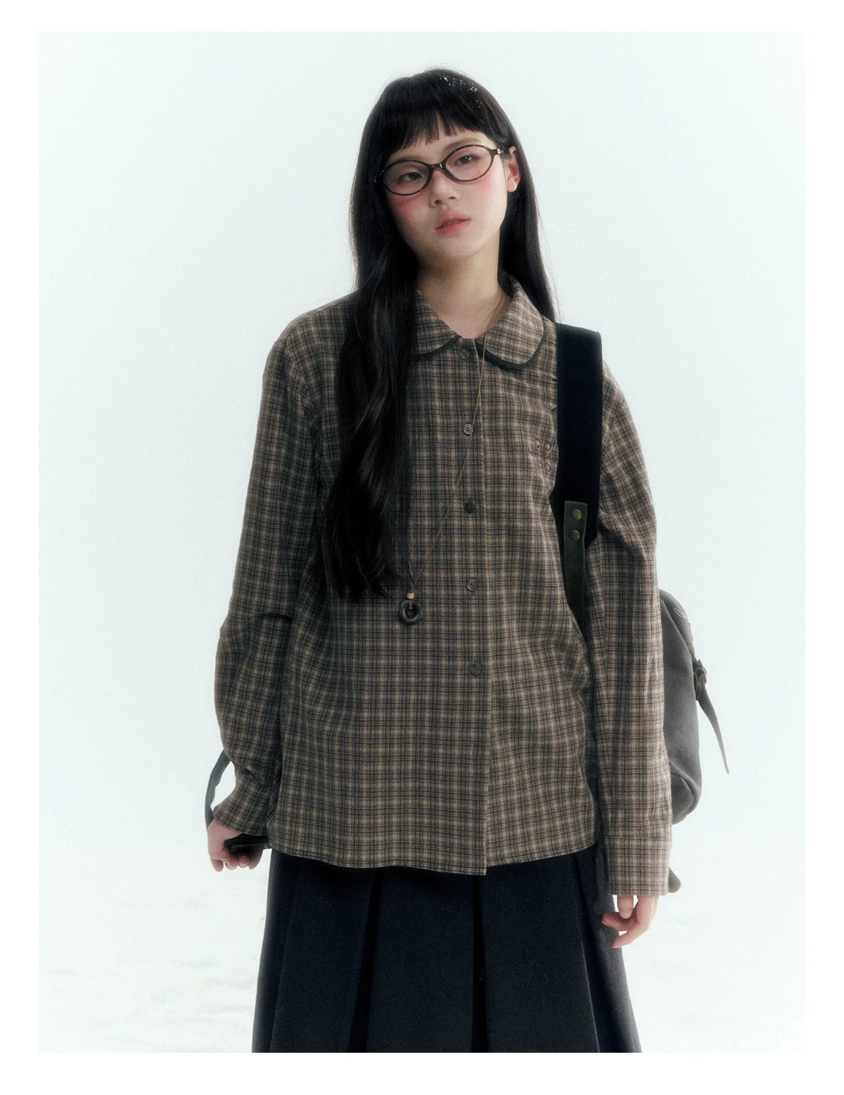 Horridale - Brown Khaki Plaid Embroidered Peter Pan Collar Shirt