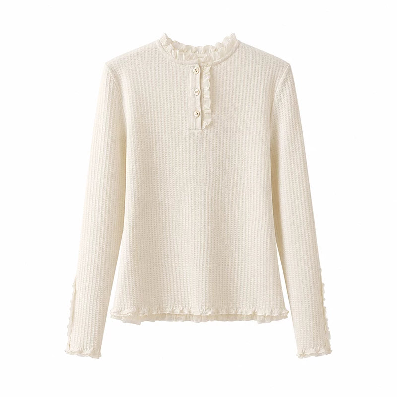 DAILY ARTIST - Cream Beige Henley Bubble Gauze Lace-Trim Top