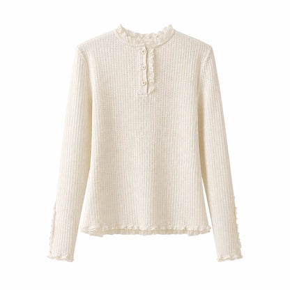 DAILY ARTIST - Cream Beige Henley Bubble Gauze Lace-Trim Top