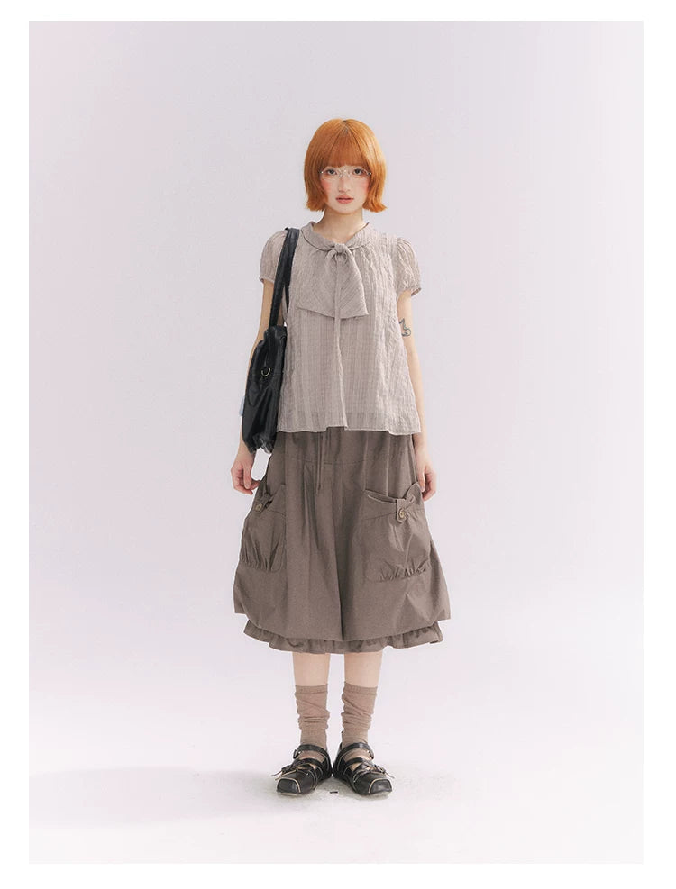 “Sweet & Cool Girl” Taupe Bow Drawstring High-Waist A-Line Cargo Skirt
