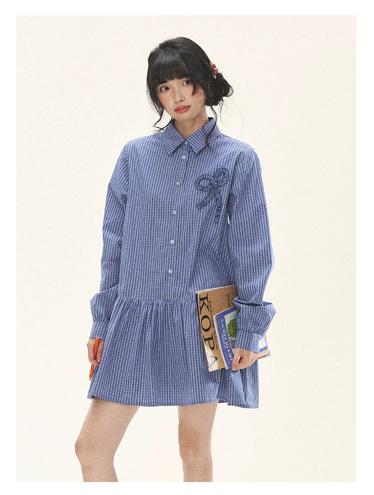 "Holiday Blues" Blue Plaid Bow Shirt Mini Dress