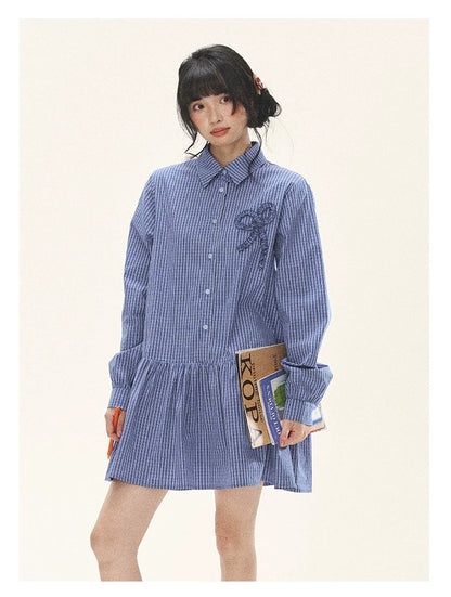 "Holiday Blues" Blue Plaid Bow Shirt Mini Dress