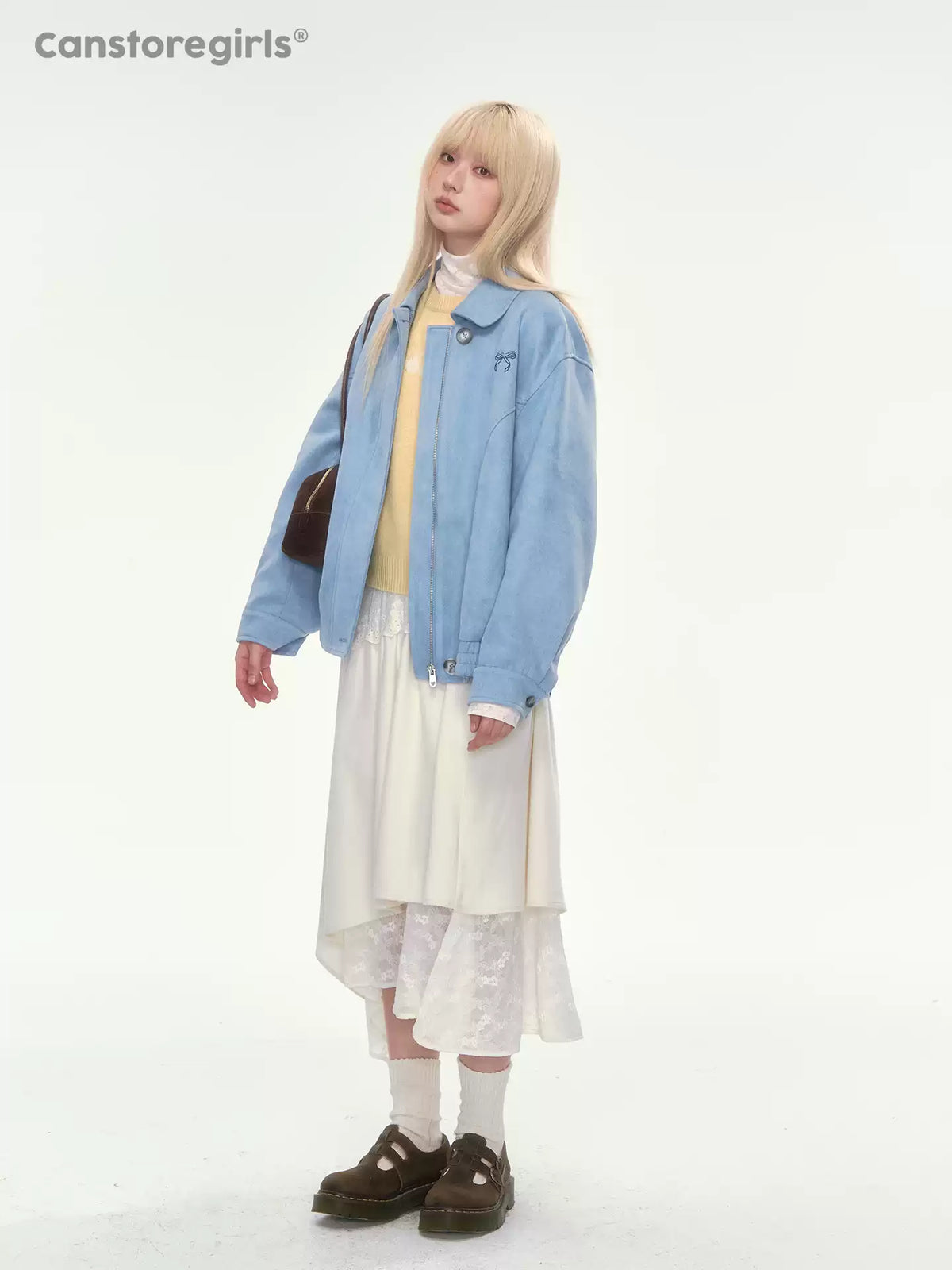 [CAN] Dusty Blue Suede Bow Embroidery Jacket