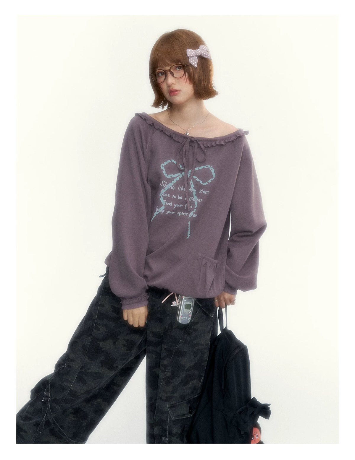 Deep Purple Bow-Tie Lettuce-Trim Off-Shoulder Sweatshirt