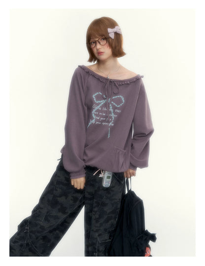 Deep Purple Bow-Tie Lettuce-Trim Off-Shoulder Sweatshirt