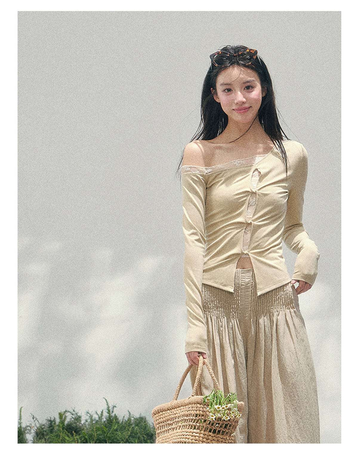 少也眼 “She Becomes Poetry in Motion” Layered One-Shoulder Lace Top - Toasted Rice Beige 78967896