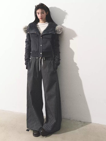 OAKMOO/ "Energy & Freedom" Mocha Gray Fur-Collar Cropped Hoodie Jacket