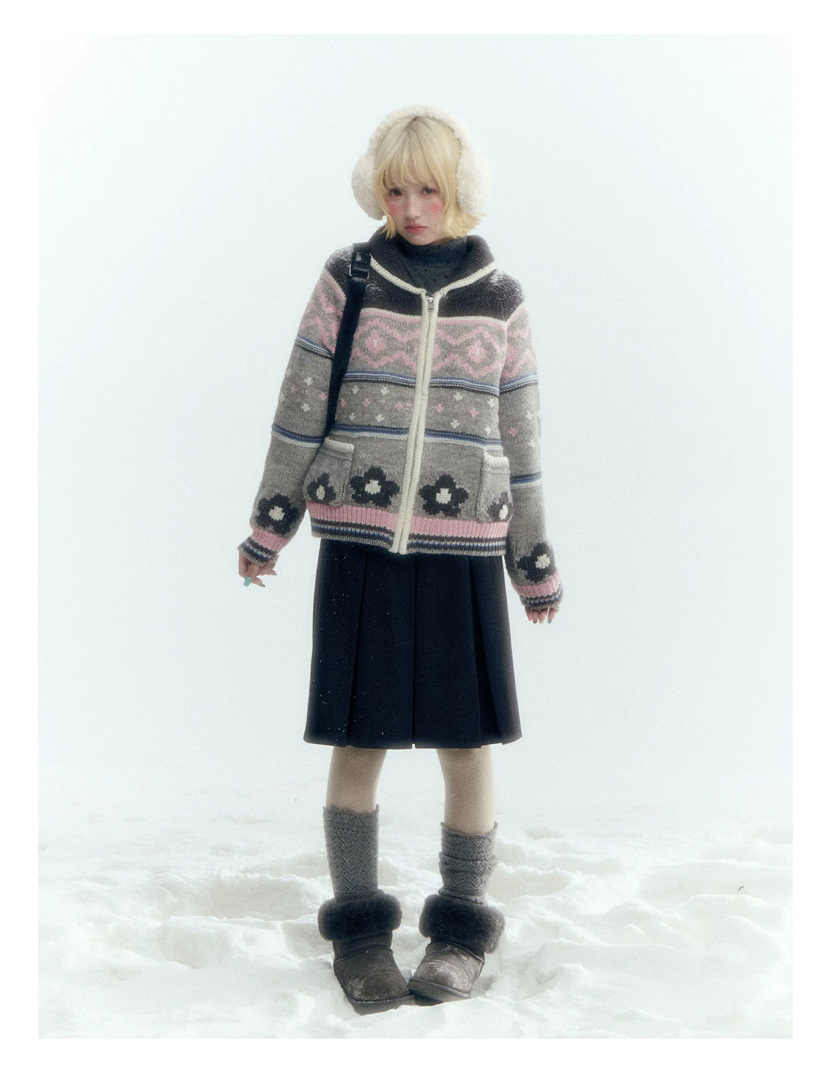Horridale - Gray Pink Fair Isle Floral Zip-Up Knit Cardigan