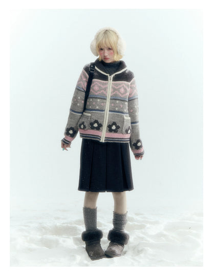 Horridale - Gray Pink Fair Isle Floral Zip-Up Knit Cardigan