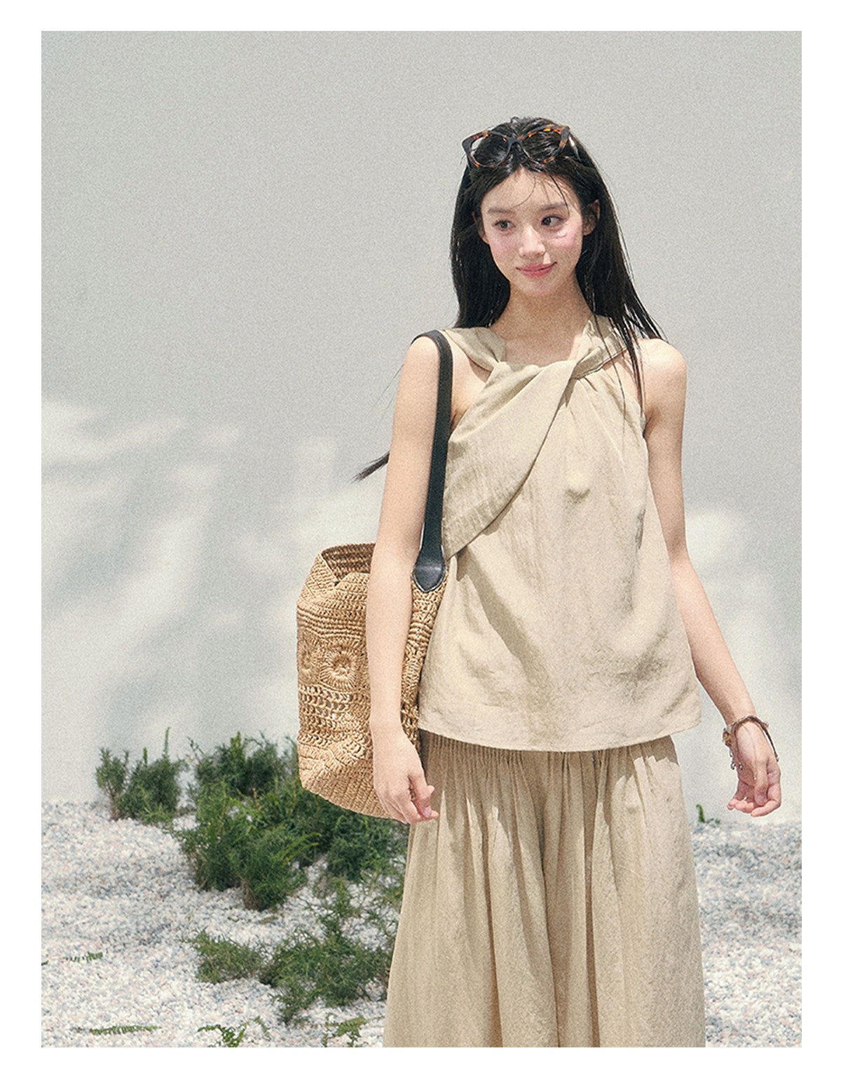 “Soft Khaki Whisper” Milk Tea Halter Twist Top & Wide-Leg Trousers