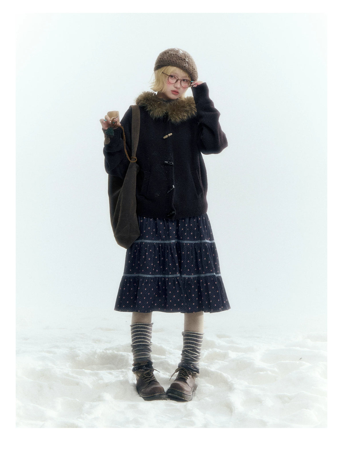 Horridale - Dark Coffee Brown Hooded Knit Cardigan with Detachable Faux Fur Collar