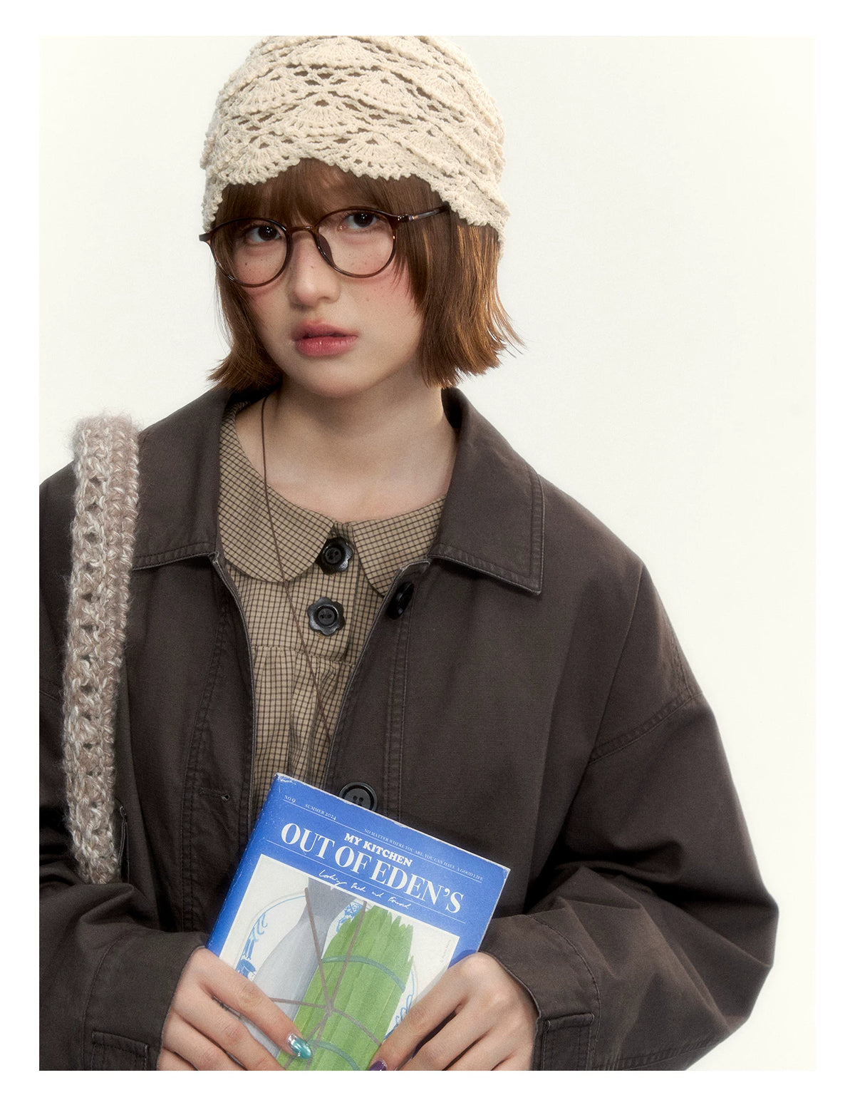 "The Vintage Darling" Light Coffee Plaid Cotton Peter Pan Collar Blouse